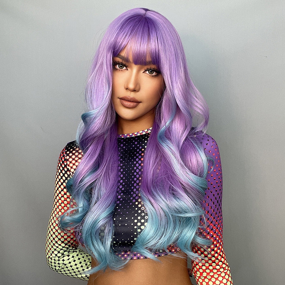 Diamond D Long Curly Bangs with Purple Gradient Blue Hair Wig