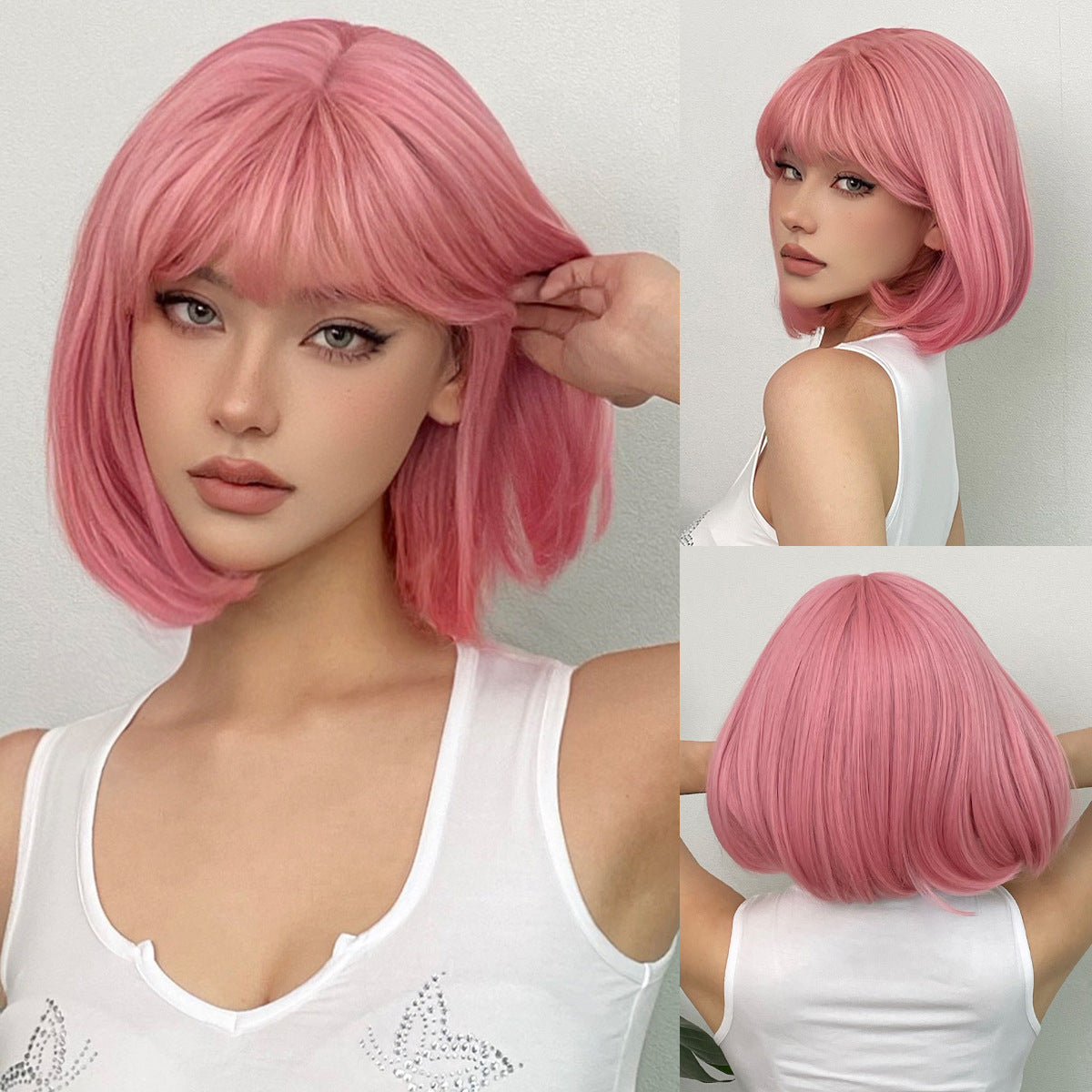 Perruque douce frange rose cheveux courts et raides