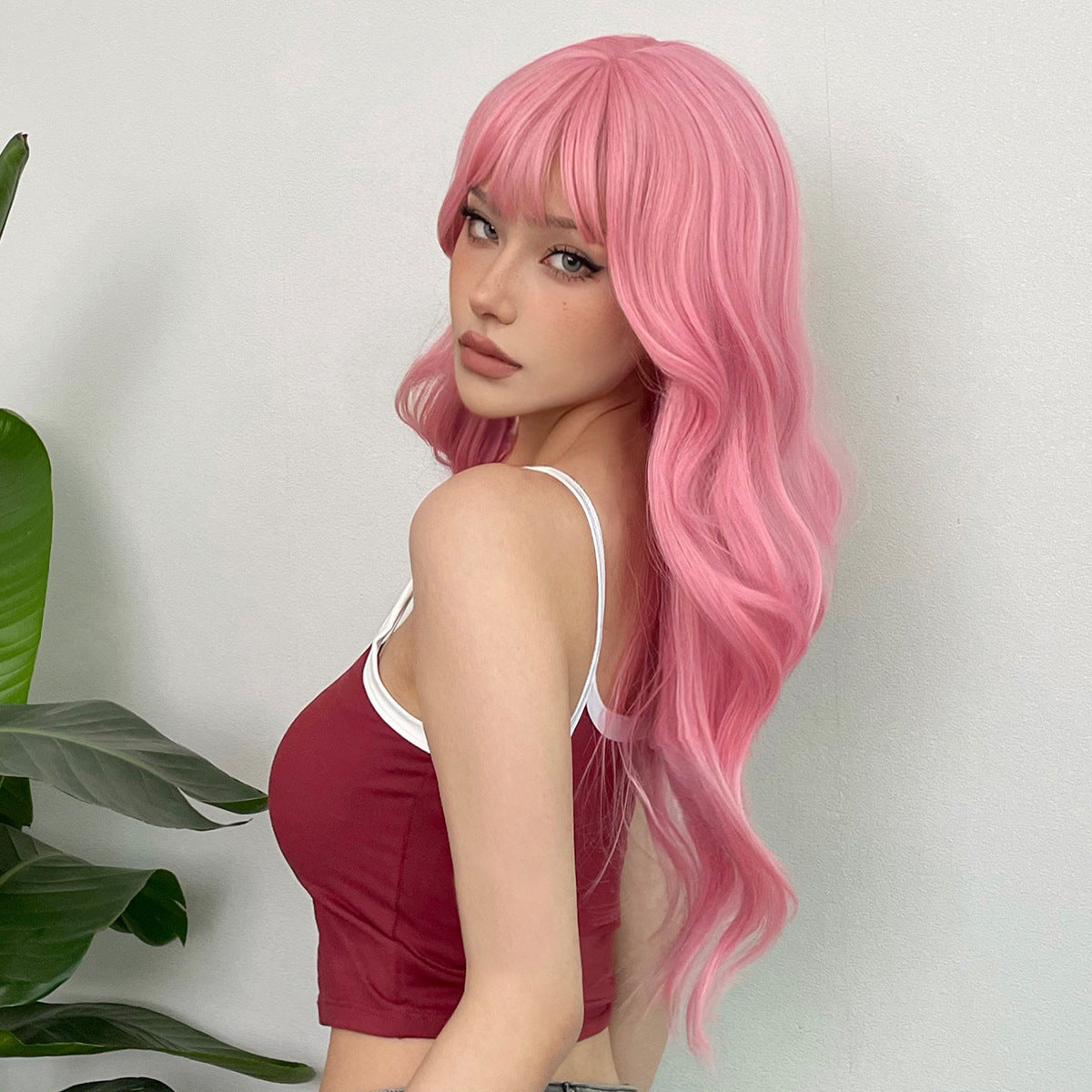 Wig With Full Bangs Long Pink Curly Hair