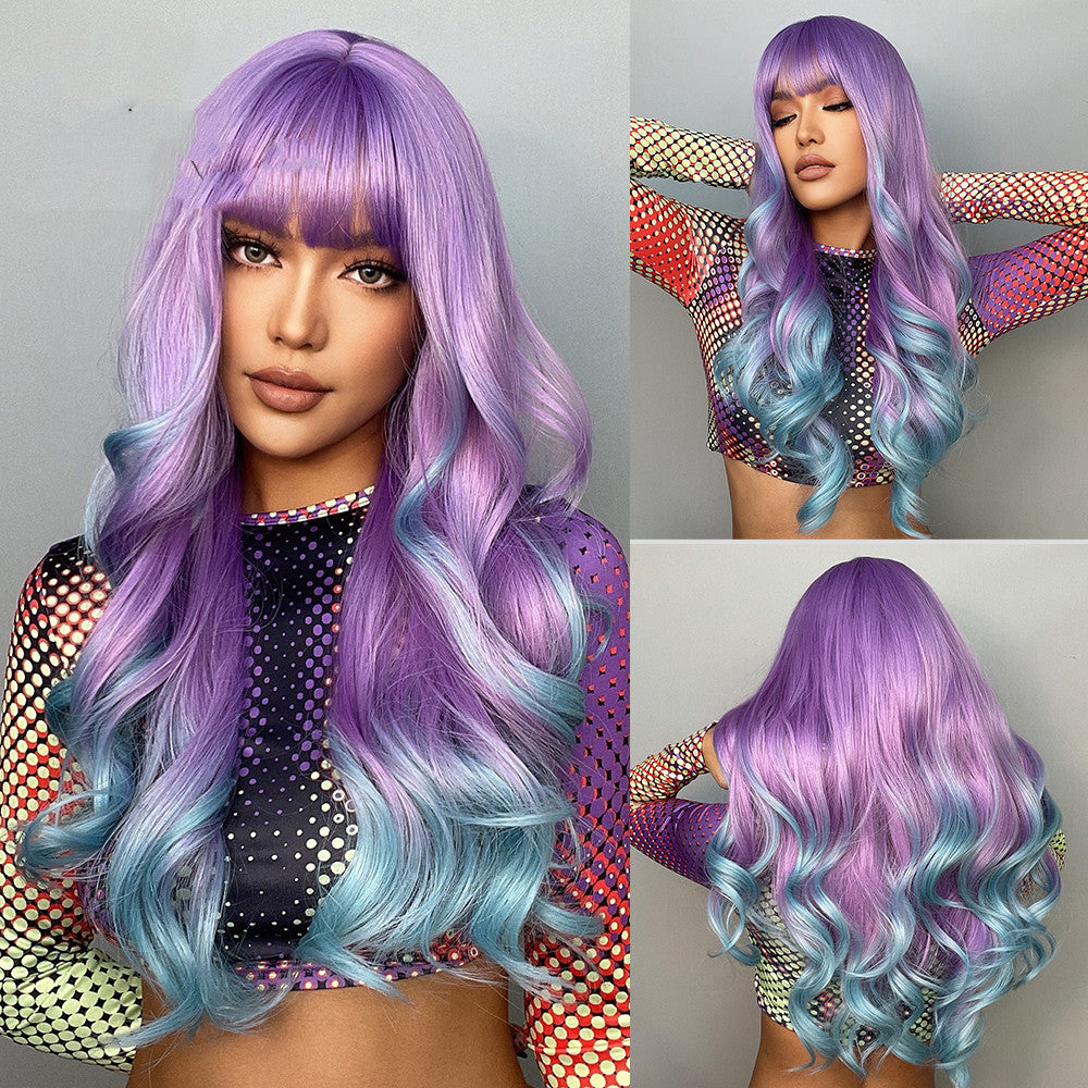 Rambut Palsu Berwarna Cosplay Dengan Poni Kerinting Panjang Dan Rambut Biru Gradien Ungu