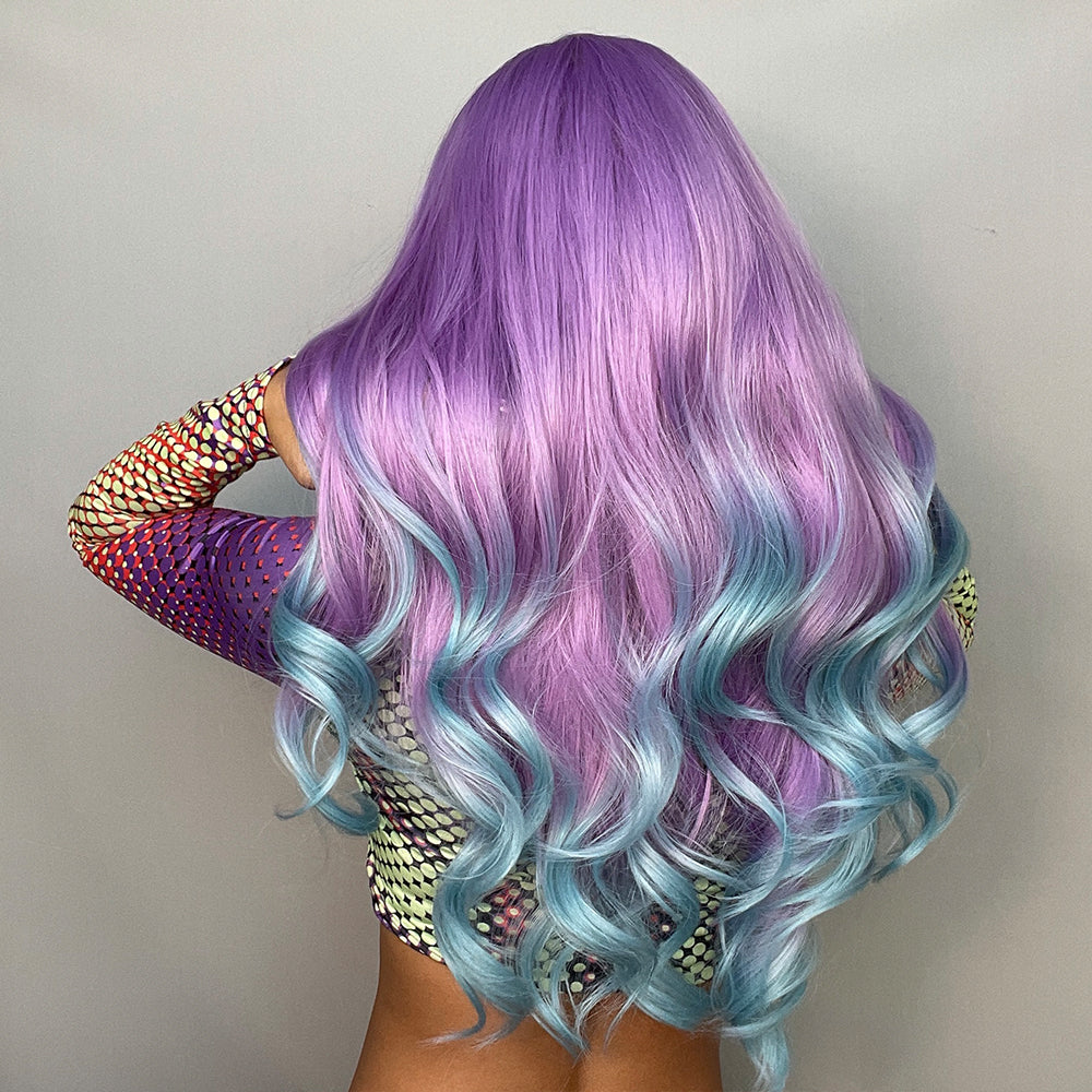 Diamond D Long Curly Bangs with Purple Gradient Blue Hair Wig