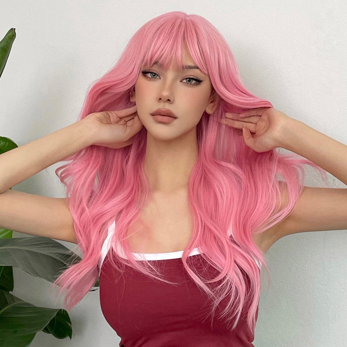 Wig With Full Bangs Long Pink Curly Hair