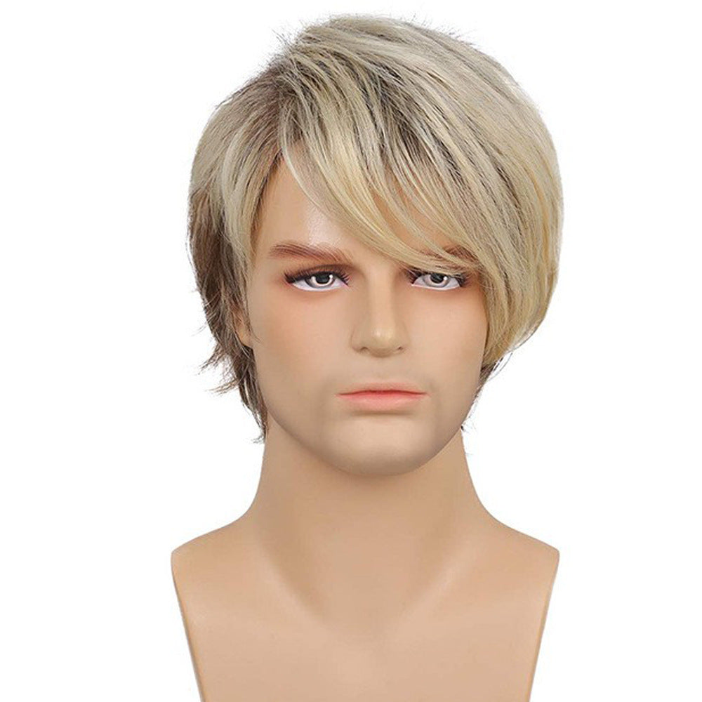 BJohn Men's Short Hair Brown Gold Side Parting Wig