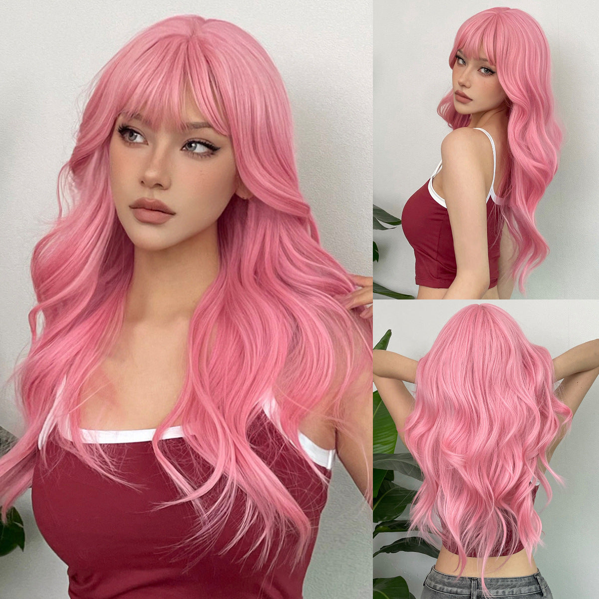 Wig With Full Bangs Long Pink Curly Hair