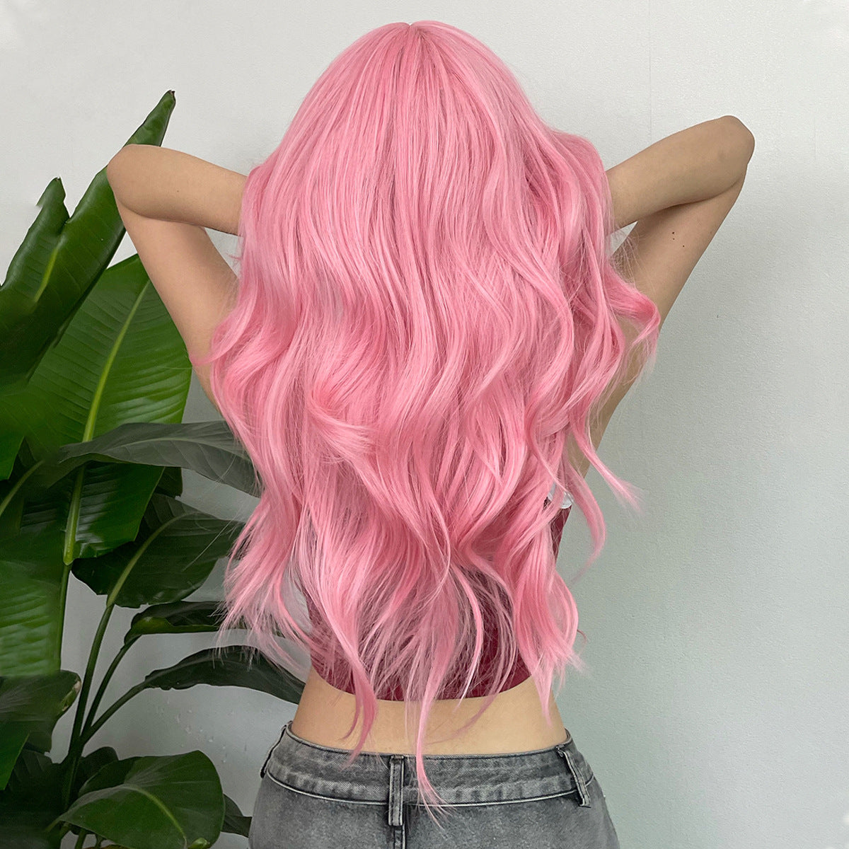 Wig With Full Bangs Long Pink Curly Hair