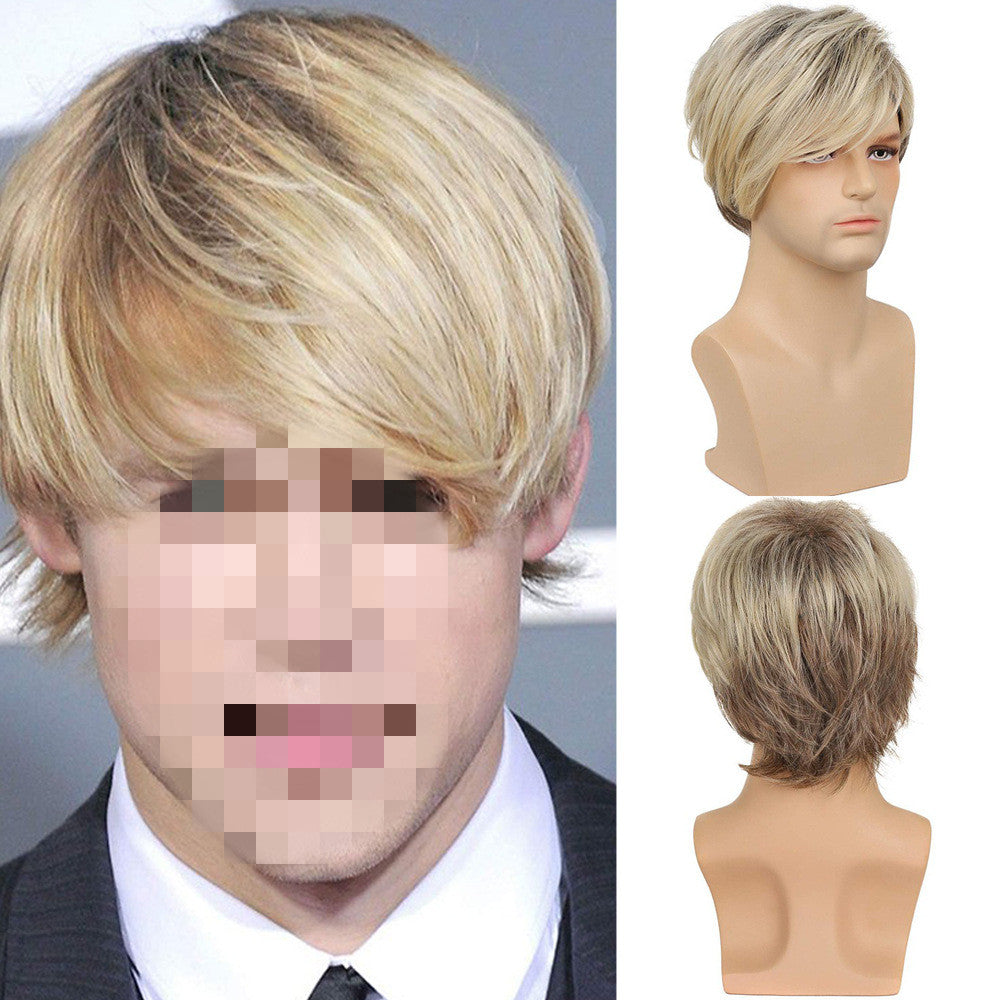 BJohn Men's Short Hair Brown Gold Side Parting Wig