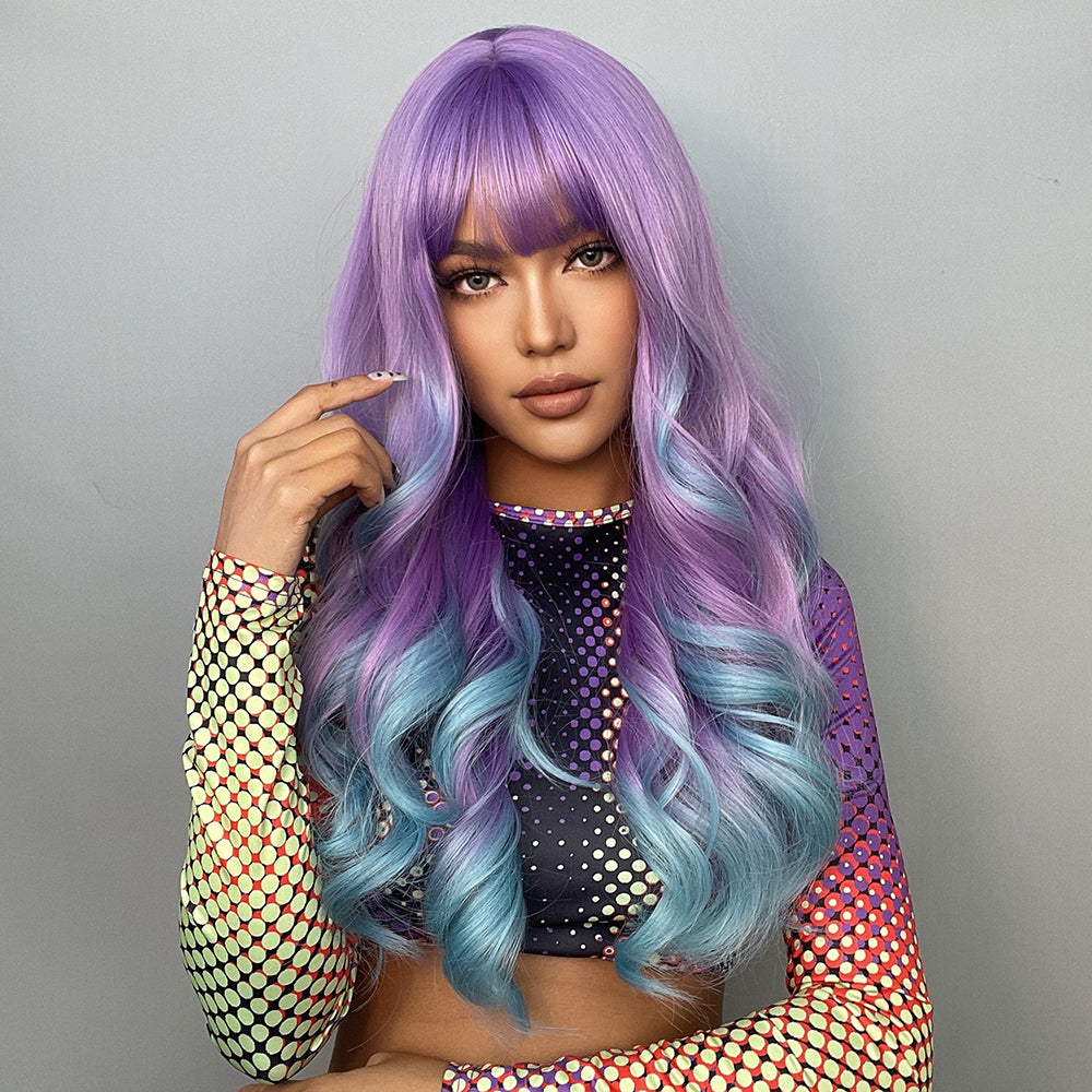 Diamond D Long Curly Bangs with Purple Gradient Blue Hair Wig