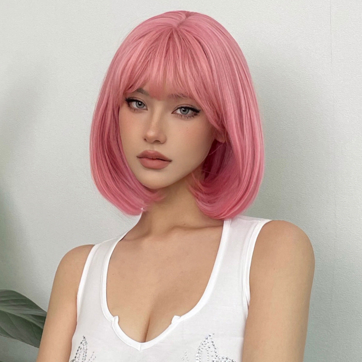 Rambut Palsu Manis Pink Bangs Rambut Lurus Pendek