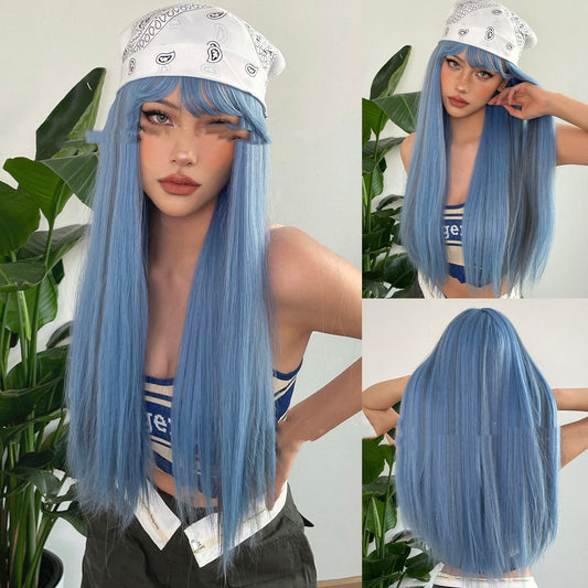 Katy Hasley Blue Natural Bangs Long Hair Wig