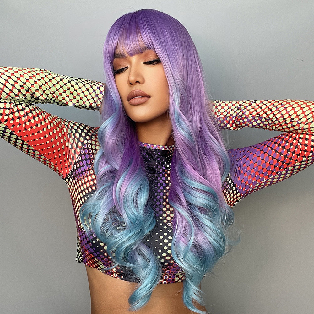 Diamond D Long Curly Bangs with Purple Gradient Blue Hair Wig